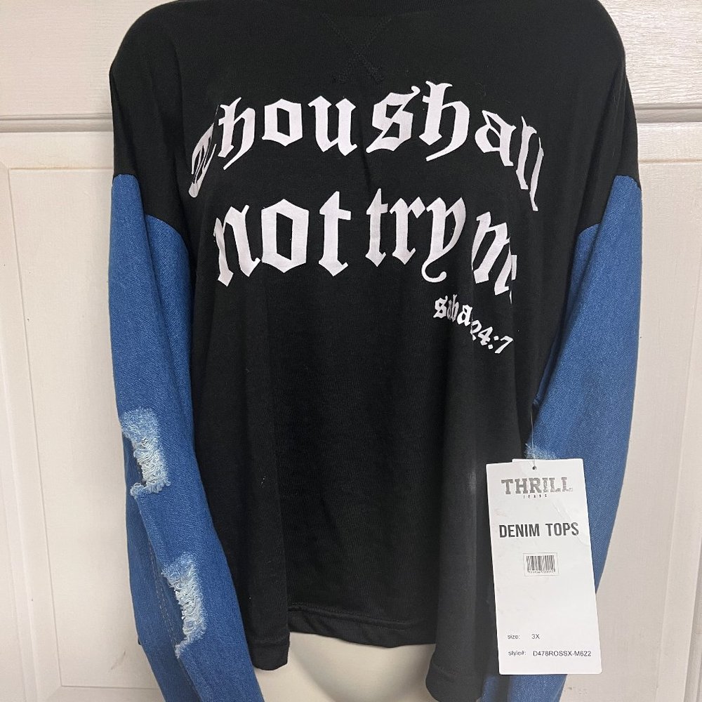 THRILL 💋 "Thou Shall Not Try Me" Distressed & Slashed 🗡️Top Shirt Size 3X NWT!
